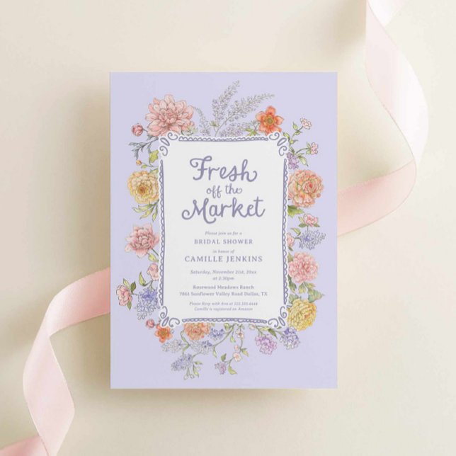 Elegant Fresh off the Market Floral Bridal Shower  Invitation (Purple Fresh off the market bridal shower invitation)