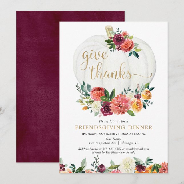 Elegant Friendsgiving Dinner rustic fall floral Invitation (Front/Back)