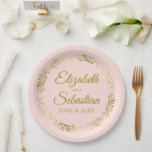Elegant Frilly Border Blush Pink & Gold Wedding Paper Plate<br><div class="desc">These beautiful blush pink coloured paper plates feature a simple yet elegant design with an ornate faux foil gold floral border and space to enter the names of the couple and the wedding date. Fully customisable. Perfect for a bridal shower, casual reception, rehearsal dinner, or any other wedding related event....</div>