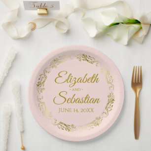 Elegant Frilly Border Blush Pink & Gold Wedding Paper Plate