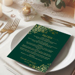Elegant Frilly Gold Curls on Emerald Green Wedding Menu<br><div class="desc">This beautiful wedding menu is simple,  elegant,  sophisticated and stylish. It features an elegant emerald green design with lacy gold script calligraphy and delicate golden curls and swirls in the corners. The back is a beautiful marbled gold colour.</div>