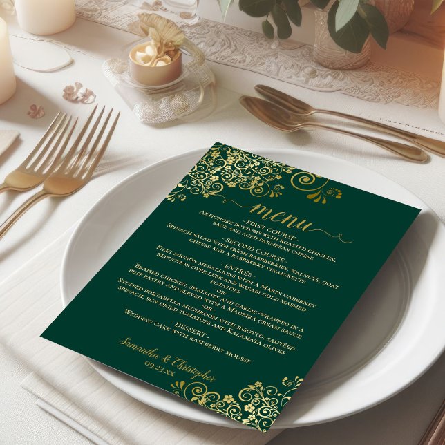 Elegant Frilly Gold Curls on Emerald Green Wedding Menu (5x7 menu on small plate)
