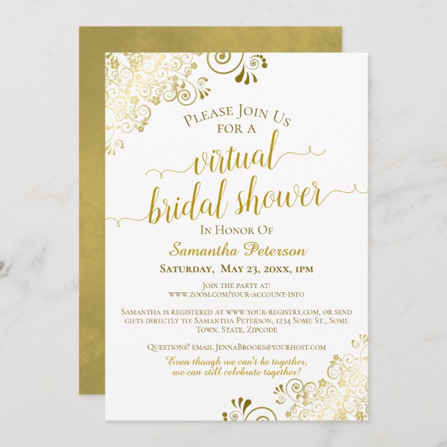 Elegant Frilly Gold & White Virtual Bridal Shower Invitation (Front/Back)