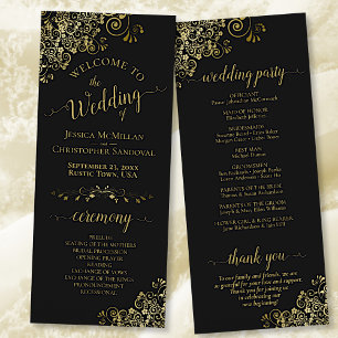 Elegant Frilly Ornate Black & Gold Wedding Programme