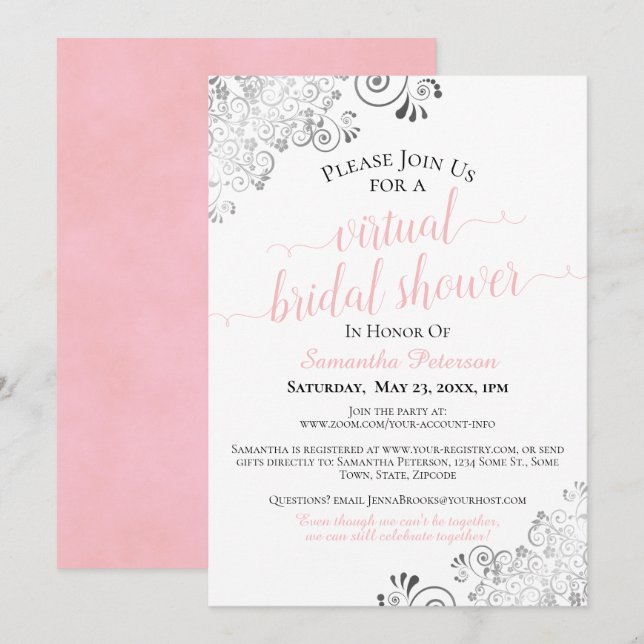 Elegant Frilly Pink & White Virtual Bridal Shower Invitation (Front/Back)