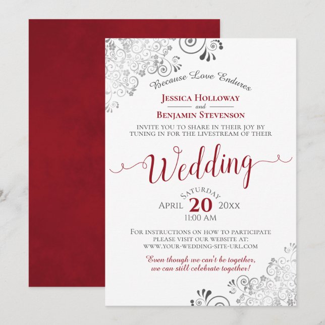 Elegant Frilly Red on White Wedding Livestream Invitation (Front/Back)