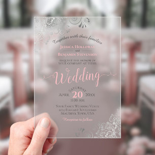 Elegant Frilly Silver & Pink Calligraphy Wedding Acrylic Invitations