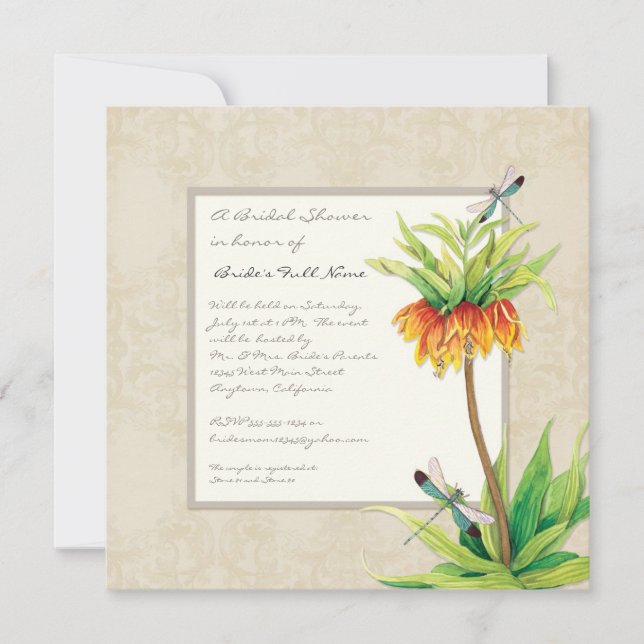 Elegant Fritillaria Dragonfly Floral Bridal Shower Invitation (Front)