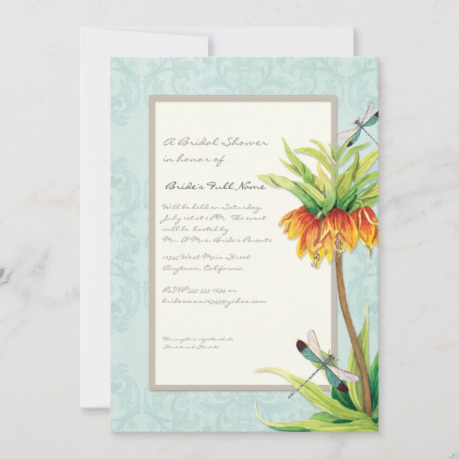 Elegant Fritillaria Dragonfly Floral Bridal Shower Invitation (Front)
