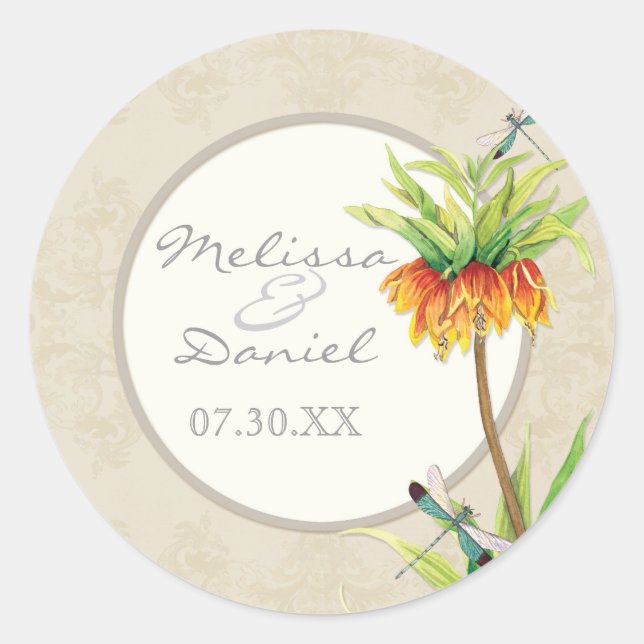 Elegant Fritillaria n Dragonfly Favour Gift Sticke Classic Round Sticker (Front)