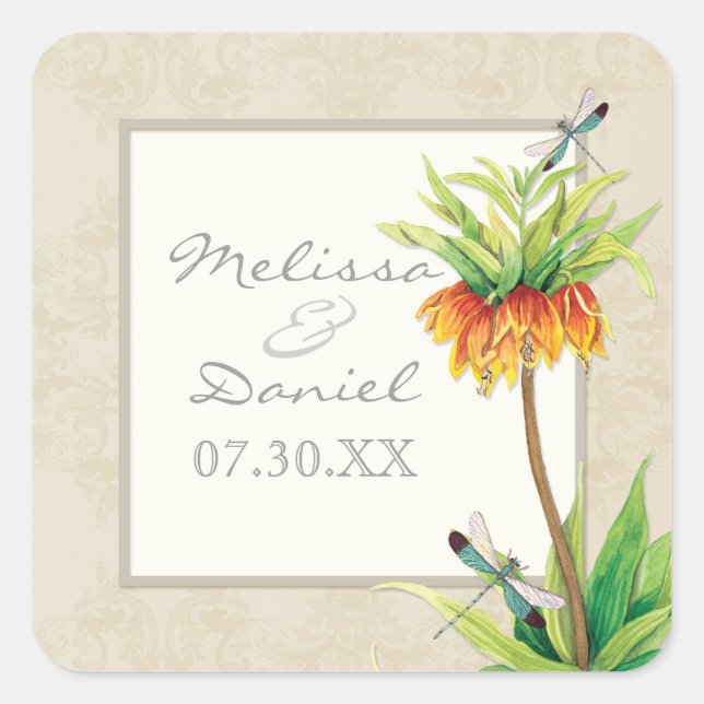 Elegant Fritillaria n Dragonfly Favour Gift Sticke Square Sticker (Front)