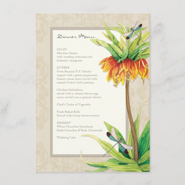 Elegant Fritillaria n Dragonfly Formal Dinner Menu (Front)