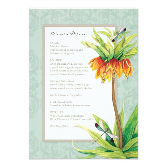 Elegant Fritillaria n Dragonfly Formal Dinner Menu Card