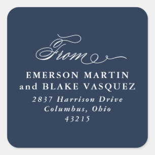 Elegant from chic navy blue wedding return address square sticker