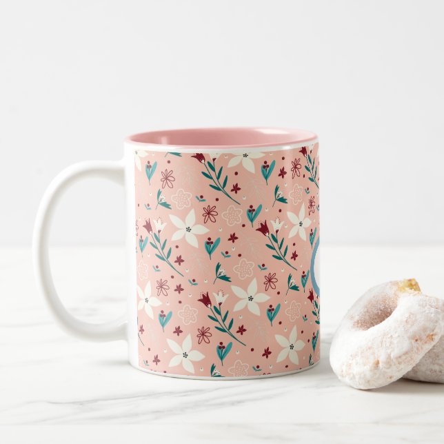 Elegant froral Pink Pattern Home Two-Tone Coffee Mug (With Donut)