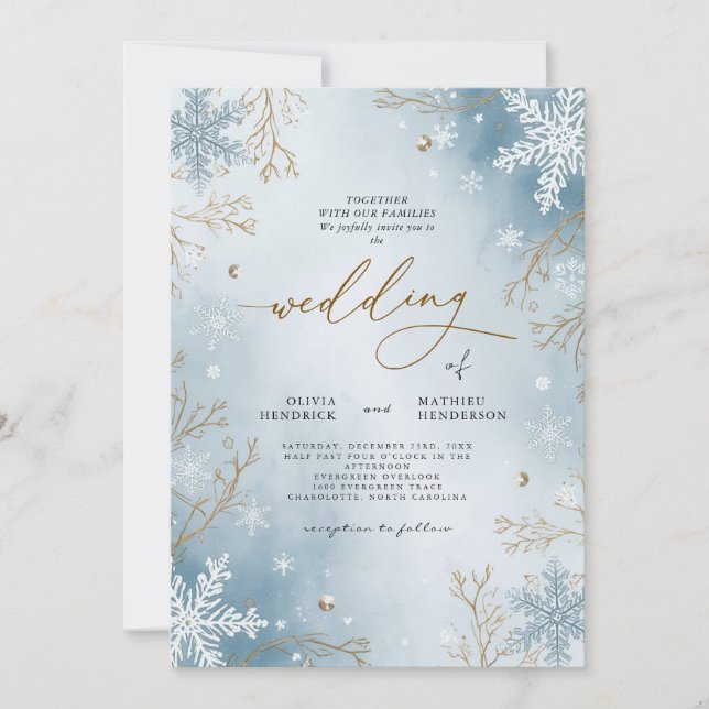 Elegant Frost Blue Winter Botanical Wedding Invitation (Front)