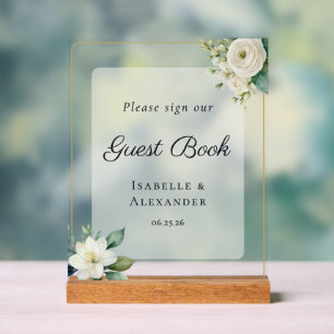 Elegant Frosted Botanical Wedding Guest Book Acrylic Sign