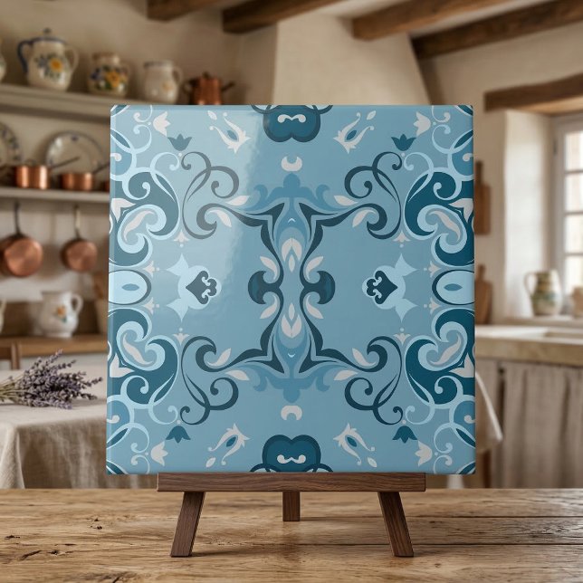 Elegant Frosty Blue Damask Floral Mosaic Pattern Tile (Creator Uploaded)