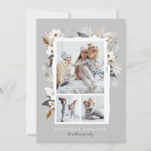 Elegant Frosty Grey Winter Snowflakes & Florals Holiday Card