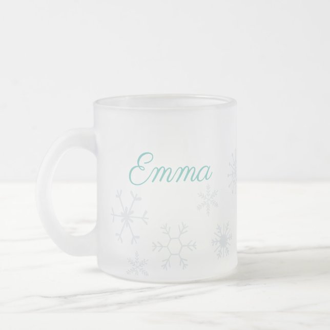 Elegant frozen winter Snowflakes with custom Name Frosted Glass Coffee Mug (Left)