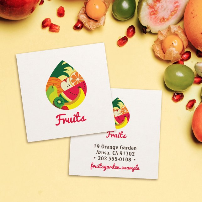 Elegant Fruity logo • Drop shape • Colourful fruit Square Business Card (Creator Uploaded)