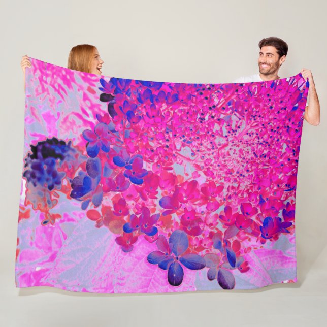 Elegant Fuchsia and Dark Blue Limelight Hydrangea Fleece Blanket (In Situ)