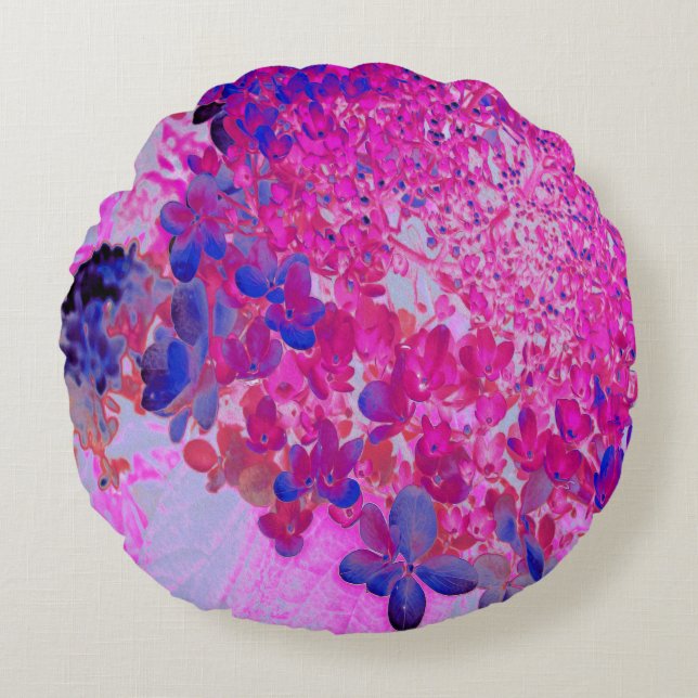 Elegant Fuchsia and Dark Blue Limelight Hydrangea Round Cushion (Front)
