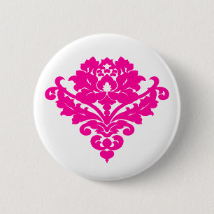 Elegant fuchsia damask on white 6 cm round badge