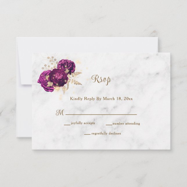 Elegant Fuchsia Floral Gold Marble Wedding RSVP Card (Front)