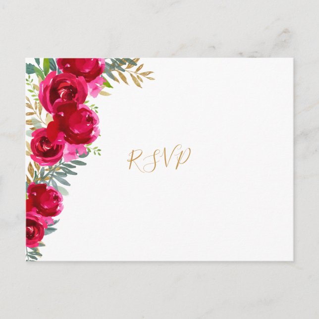 Elegant fuchsia floral gold wedding rsvp + entrees invitation postcard (Front)