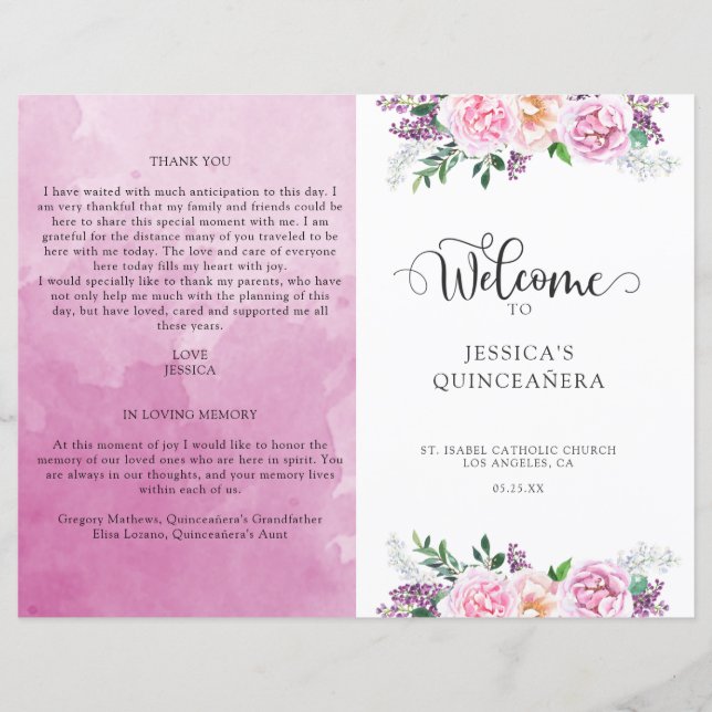 Elegant Fuchsia Floral Quinceañera Welcome Program (Front)