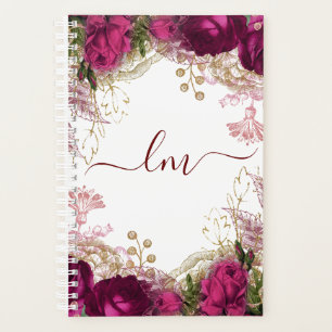 Elegant Fuchsia Gold Rose Floral Initial Planner