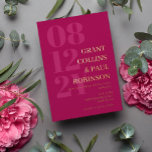 Elegant Fuchsia & Gold Typography<br><div class="desc">Elegant typography wedding invitation in fuchsia pink with your wedding date in large numbers down the side of the invitation. Add names and wedding wording in gold foil. Gold foil and dark pink wedding invitation with your names in a large font.</div>