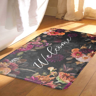 Elegant fuchsia orange floral monogram bath mat
