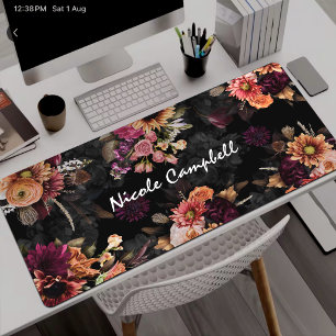 Elegant Fuchsia Orange Floral Monogram Desk Mat