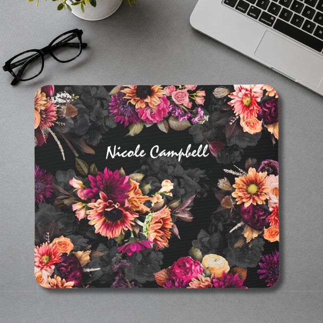 Elegant Fuchsia Orange Floral Monogram Gift Mouse Mat (Creator Uploaded)