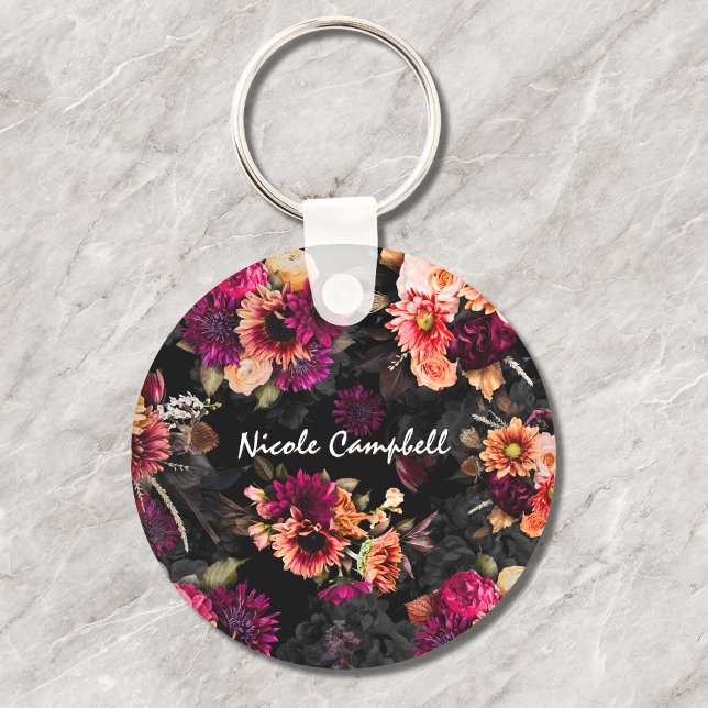 Elegant fuchsia orange floral monogram key ring (Creator Uploaded)
