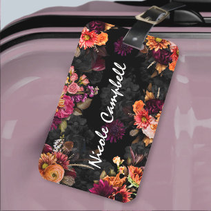 Elegant fuchsia orange floral monogram luggage tag