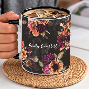 Elegant Fuchsia Orange Floral Monogram Mug