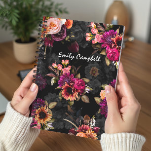 Elegant fuchsia orange floral monogram notebook