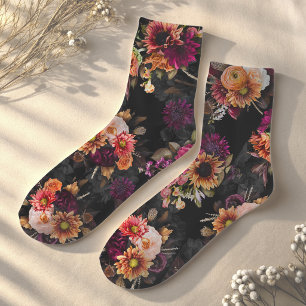 Elegant Fuchsia Orange Floral Monogram Socks