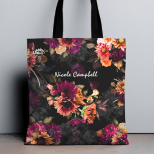 Elegant fuchsia orange floral monogram tote bag