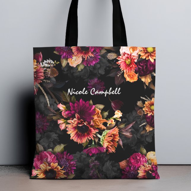 Elegant fuchsia orange floral monogram tote bag (Creator Uploaded)