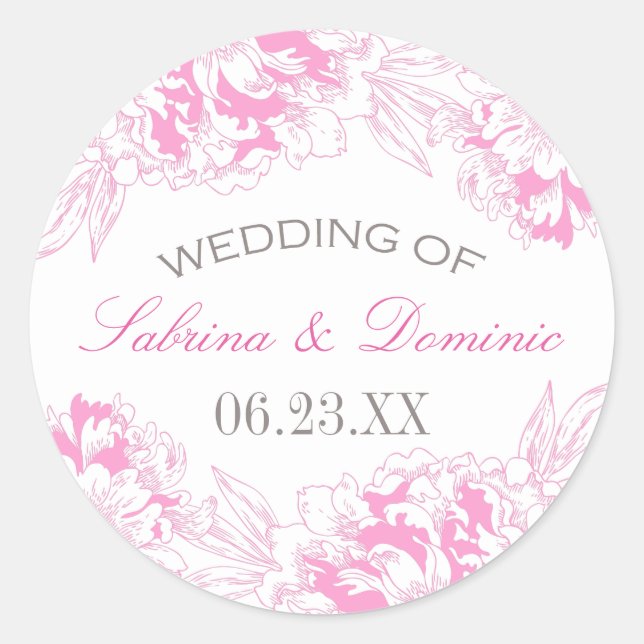 Elegant Fuchsia Pink and Grey Floral Peony Wedding Classic Round Sticker (Front)