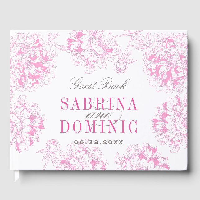 Elegant Fuchsia Pink and Grey Floral Peony Wedding Guest Book (Front)