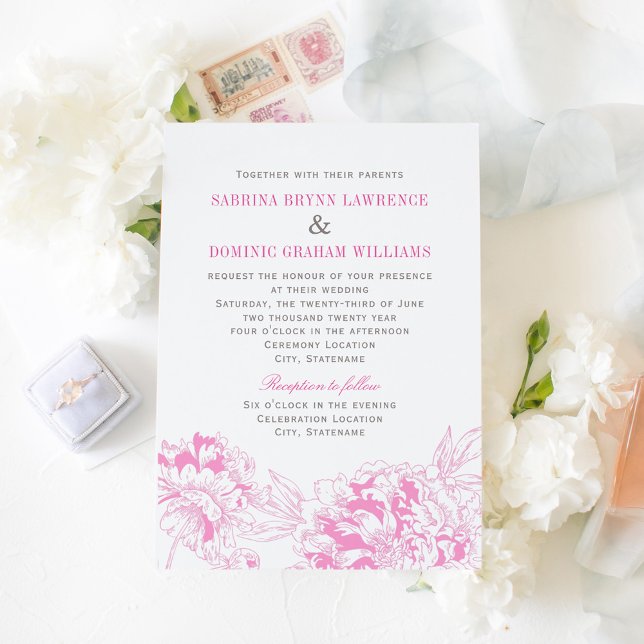 Elegant Fuchsia Pink and Grey Floral Peony Wedding Invitation (Creator Uploaded)