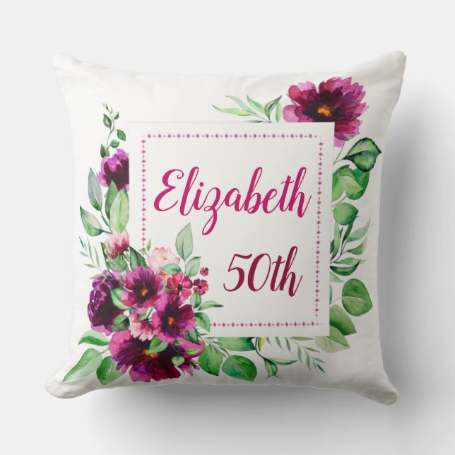 Elegant Fuchsia Pink Floral 50th Birthday  Cushion (Front)