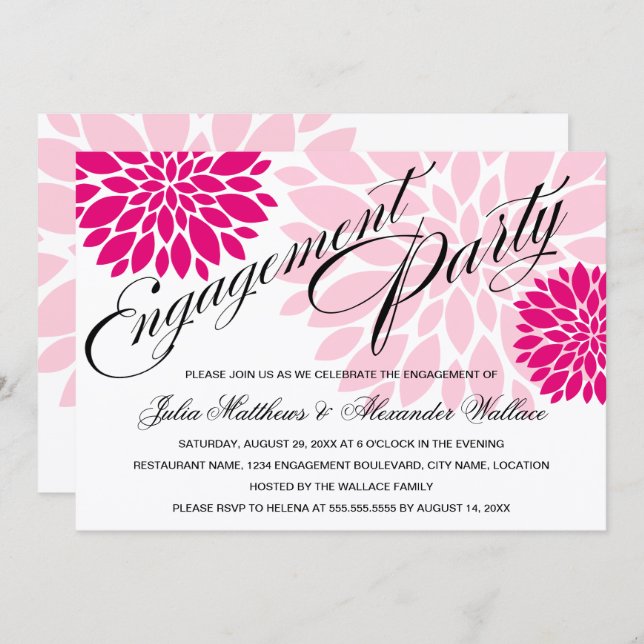 Elegant Fuchsia Pink Floral Burst Engagement Party Invitation (Front/Back)