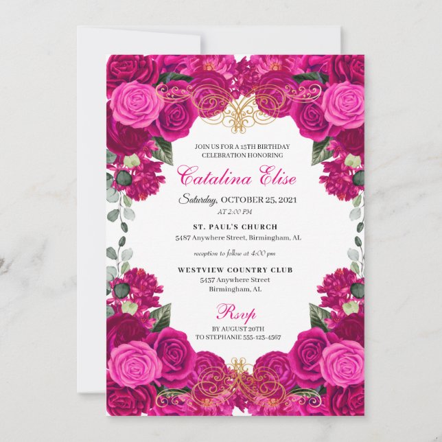 Elegant Fuchsia Pink Floral Quinceanera Birthday I Invitation (Back)