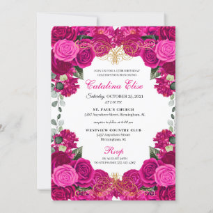 Elegant Fuchsia Pink Floral Quinceanera Birthday I Invitation
